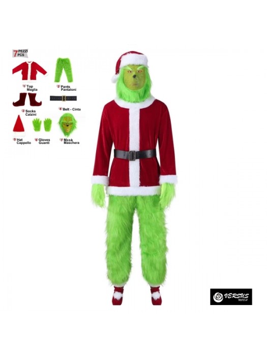 Vestito Costume Mostro Verde Babbo Natale Pelliccia GRINCH01